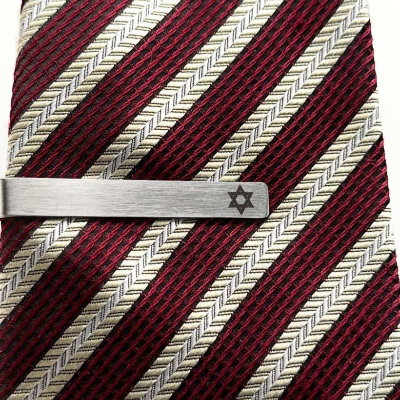 Star of David Tie Clip Religious Gift Stainless Steel Black Embossed Shield of David Image Enamel Tie Bar Fathers Day Image 2