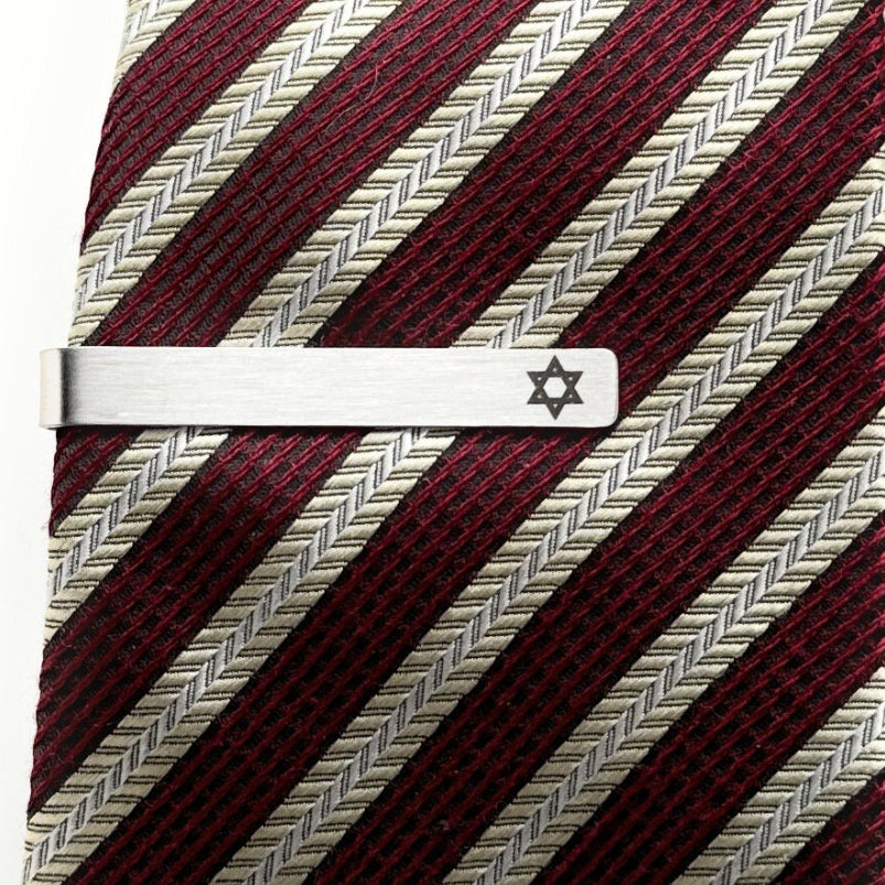 Star of David Tie Clip Religious Gift Stainless Steel Black Embossed Shield of David Image Enamel Tie Bar Fathers Day Image 6