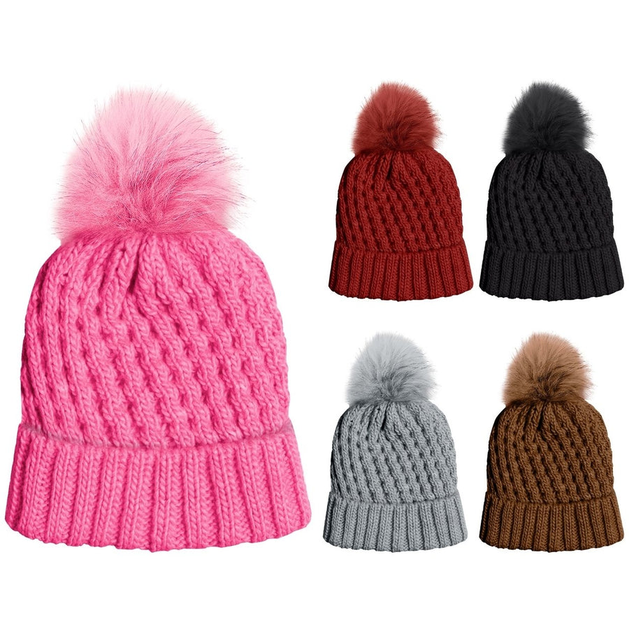 5-Piece Womens Ultra-Soft Stylish Winter Warm Knitted faux Lined Pom Pom Beanie Hat Image 1