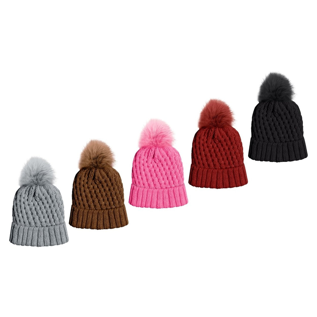 5-Piece Womens Ultra-Soft Stylish Winter Warm Knitted faux Lined Pom Pom Beanie Hat Image 3