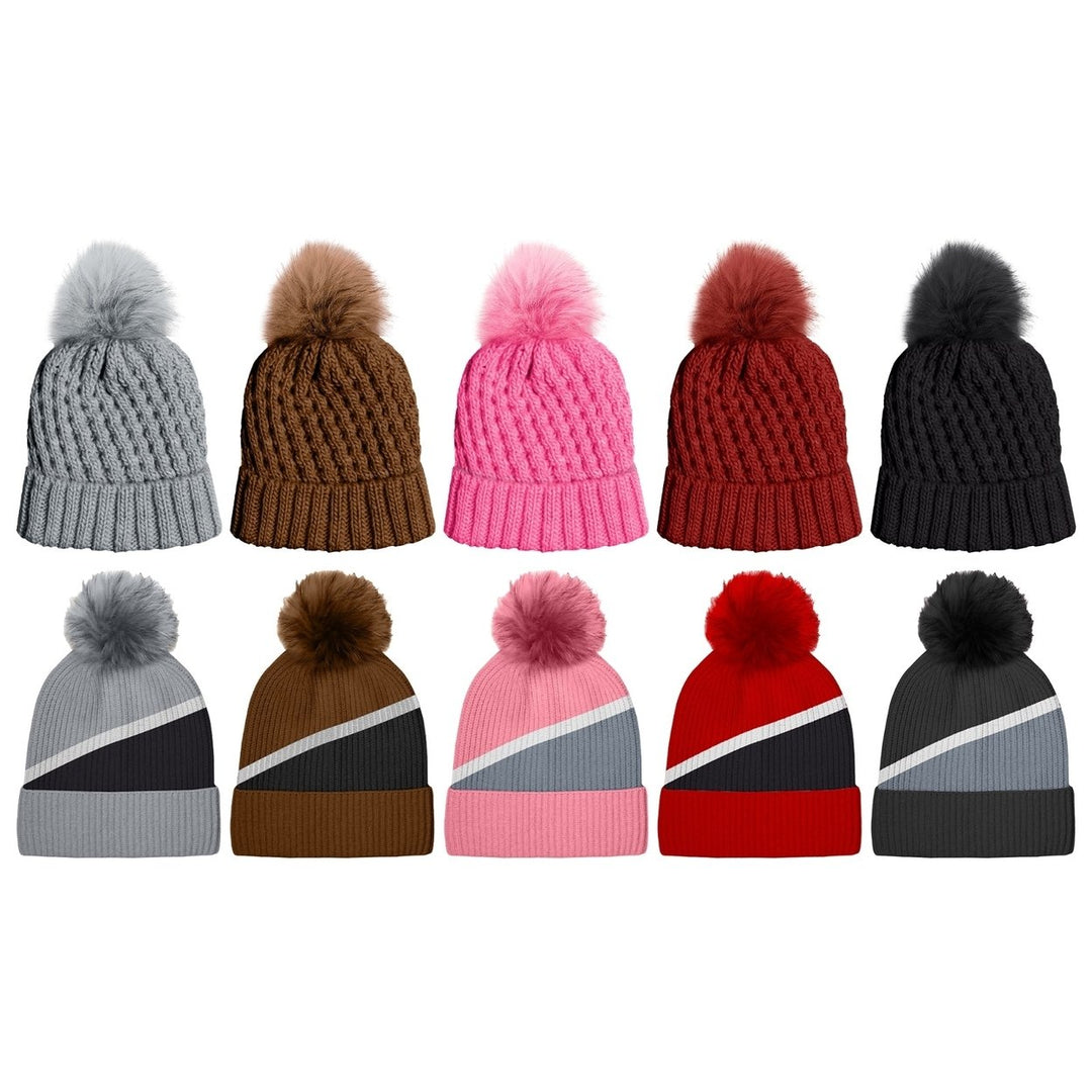 5-Piece Womens Ultra-Soft Stylish Winter Warm Knitted faux Lined Pom Pom Beanie Hat Image 4