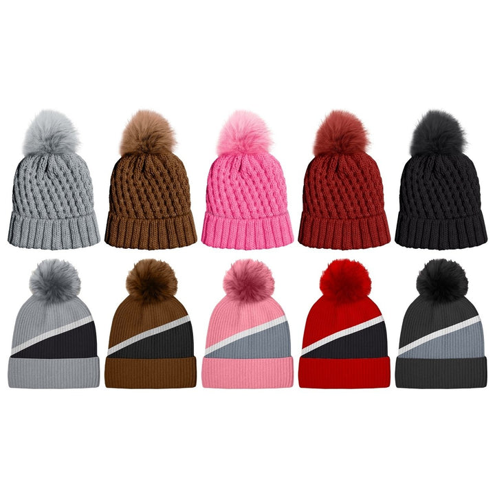 5-Piece Womens Ultra-Soft Stylish Winter Warm Knitted faux Lined Pom Pom Beanie Hat Image 1