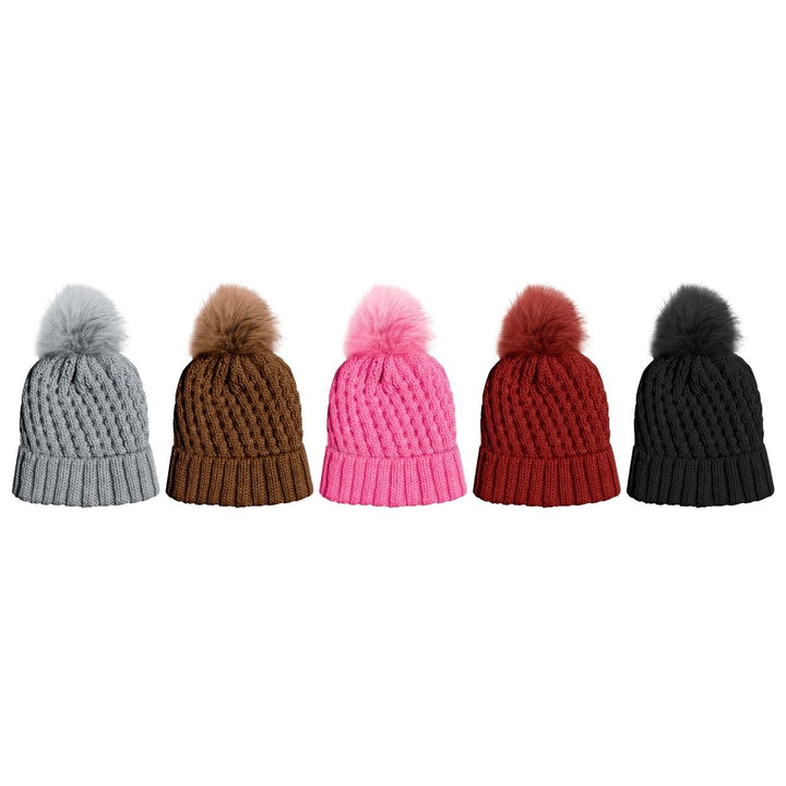 5-Piece Womens Ultra-Soft Stylish Winter Warm Knitted faux Lined Pom Pom Beanie Hat Image 6