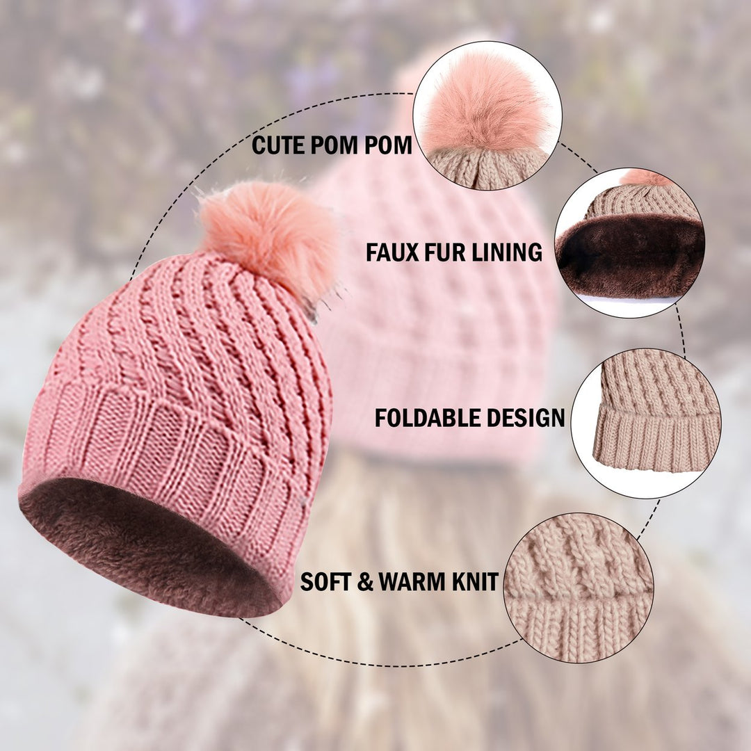 5-Piece Womens Ultra-Soft Stylish Winter Warm Knitted faux Lined Pom Pom Beanie Hat Image 11