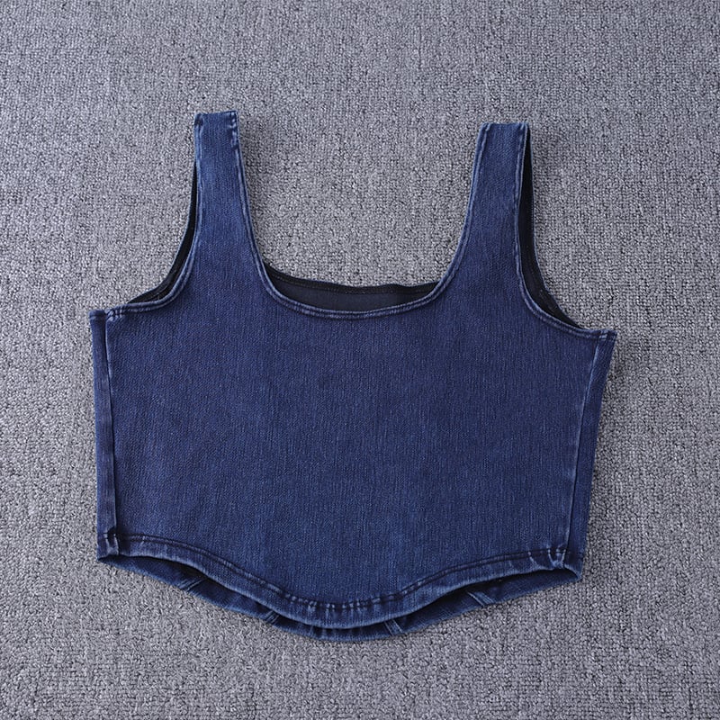 Womens Denim Yoga Vest U-Shaped Stretch Thin Fitness Top Quick-Drying Sports Wear for Gym Fitness Sets Image 3