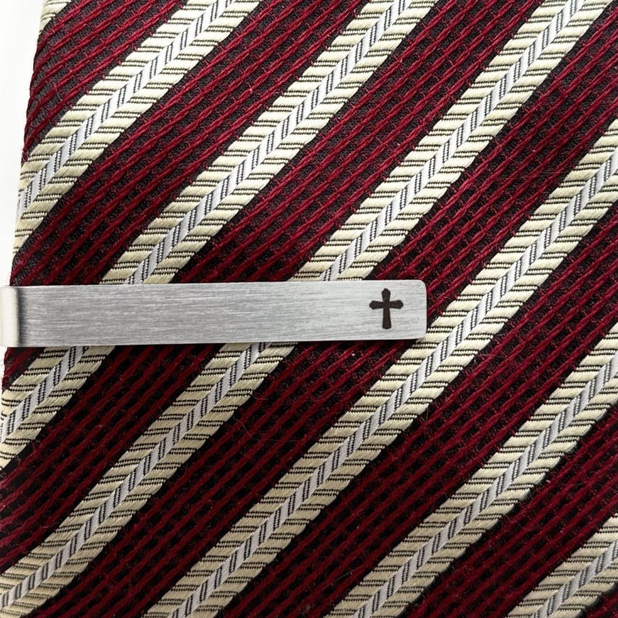 Cross Tie Clip Religious Gift Stainless Steel Black Embossed Cross Image Enamel Tie Bar Fathers Day Dad Gift Christian Image 1