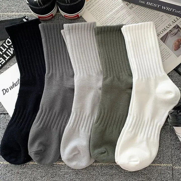 5 Pairs Mens Solid Color Warm Socks - Breathable Casual Long Tube Socks for Autumn/Winter Image 1