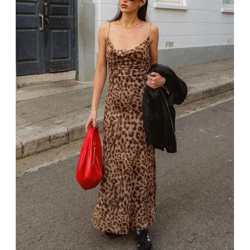 Leopard Print Sleeveless Backless Summer Maxi Dress Vintage Slim Casual Beach Party Dress Image 1