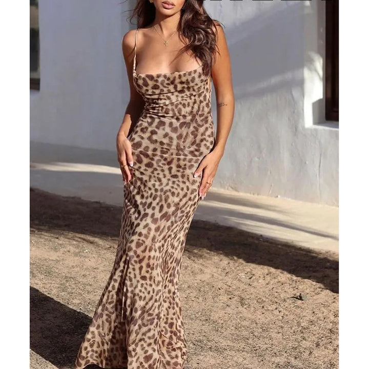 Leopard Print Sleeveless Backless Summer Maxi Dress Vintage Slim Casual Beach Party Dress Image 4