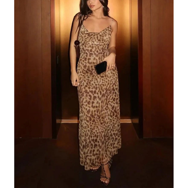 Leopard Print Sleeveless Backless Summer Maxi Dress Vintage Slim Casual Beach Party Dress Image 6