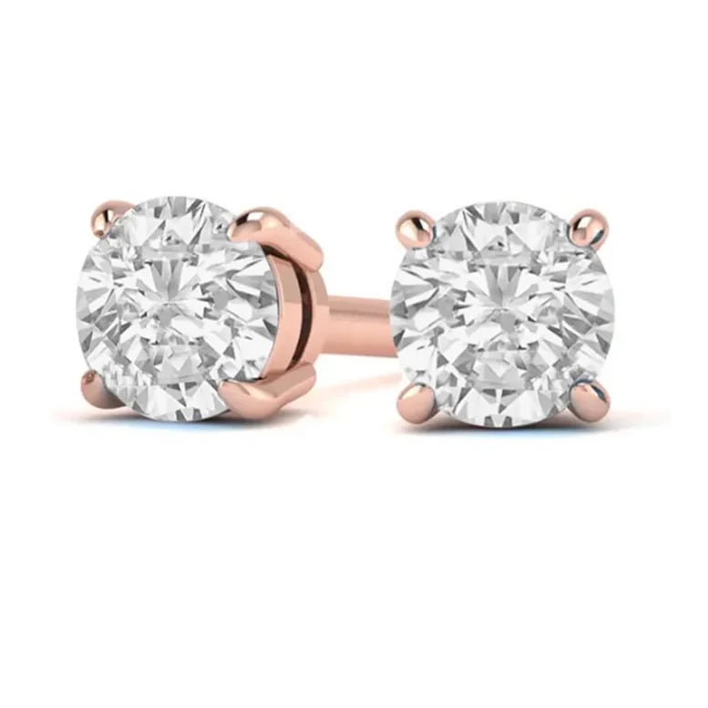 14k Rose Gold 1/4 Carat Created White Diamond Round Stud Earrings (SI1) 4 Prong Setting By Paris Jewelry Image 1