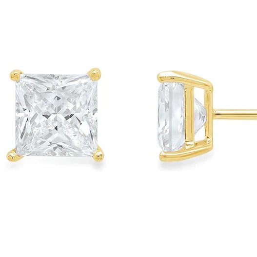 14k Yellow Gold 1/2 Carat Created White Diamond Princess Stud Earrings (SI1) 4 Prong Setting By Paris Jewelry Image 1