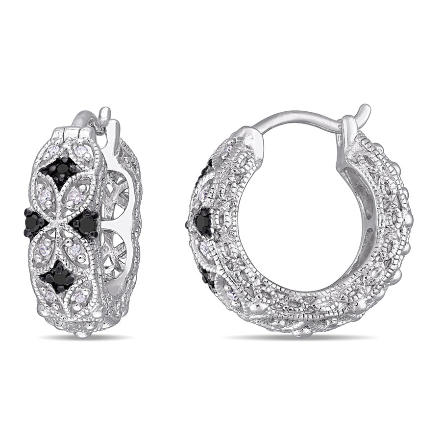 1/6 Carat (ctw) Black and White Diamond Hoop Earrings in Sterling Silver Image 1