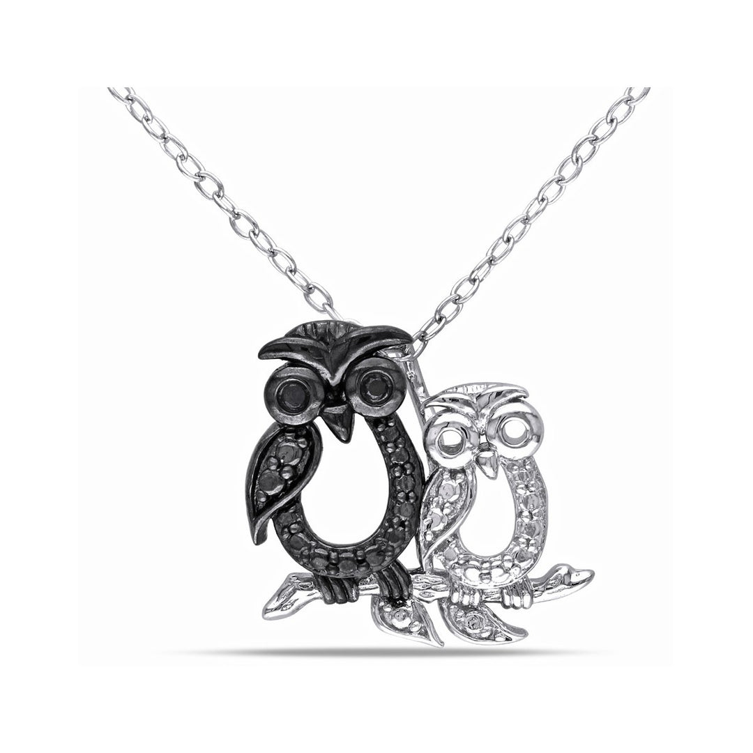 Black Accent Diamond Double Owl Charm Pendant Necklace in Sterling Silver with Chain Image 1