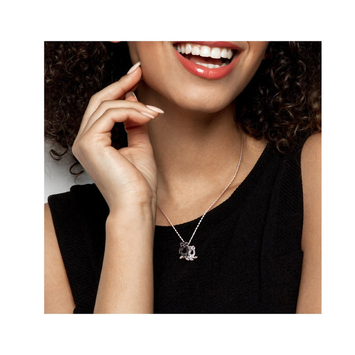 Black Accent Diamond Double Owl Charm Pendant Necklace in Sterling Silver with Chain Image 3