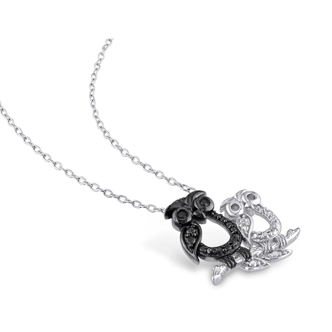 Black Accent Diamond Double Owl Charm Pendant Necklace in Sterling Silver with Chain Image 4