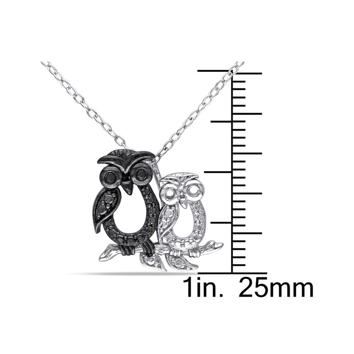 Black Accent Diamond Double Owl Charm Pendant Necklace in Sterling Silver with Chain Image 4