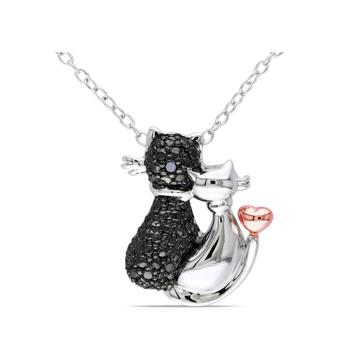 Black Accent Diamond Cat Love Charm Pendant Necklace in Sterling Silver with Chain Image 1