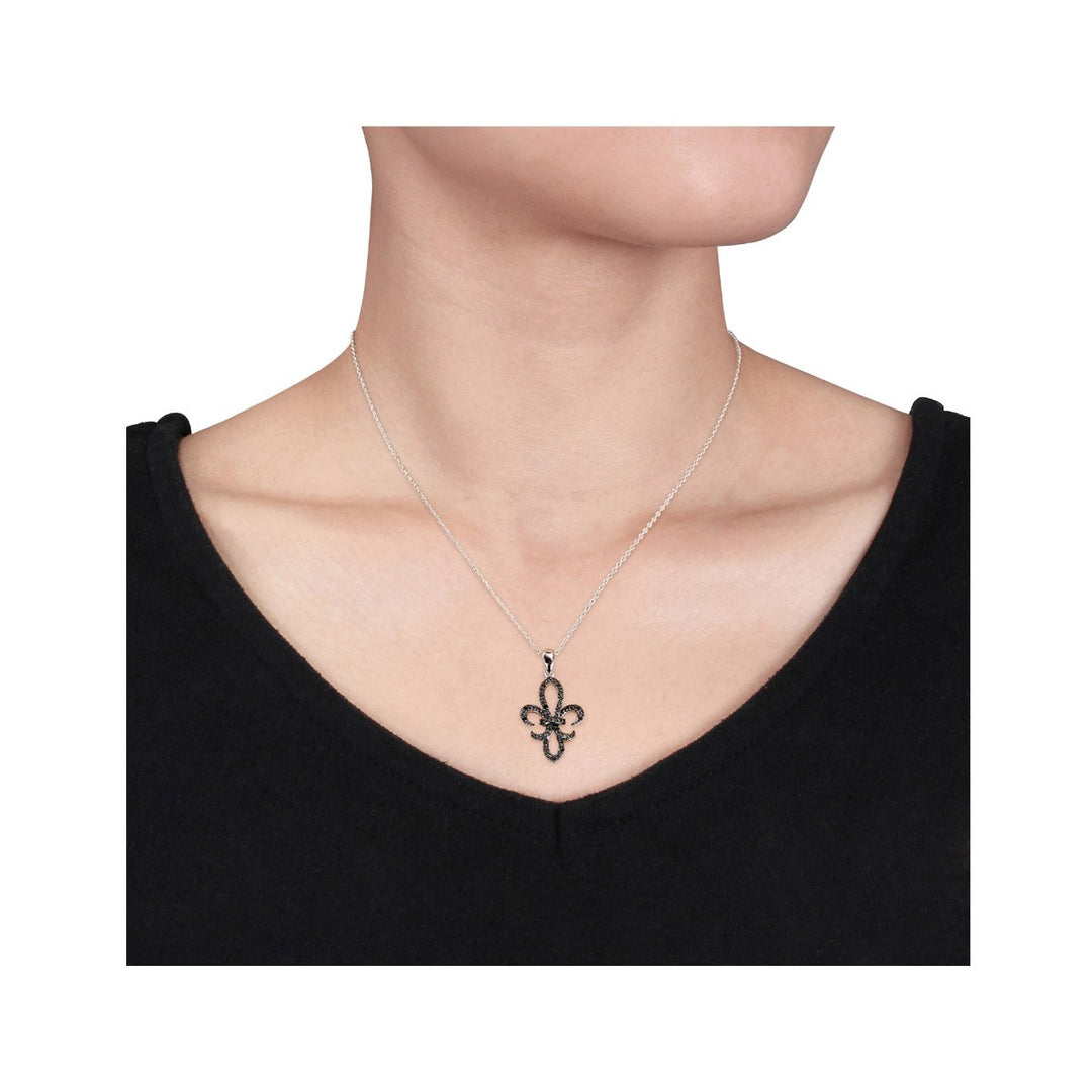 1/4 Carat (ctw) Black Diamond Fleur-de-Lis Pendant Necklace in Sterling Silver with Chain Image 2