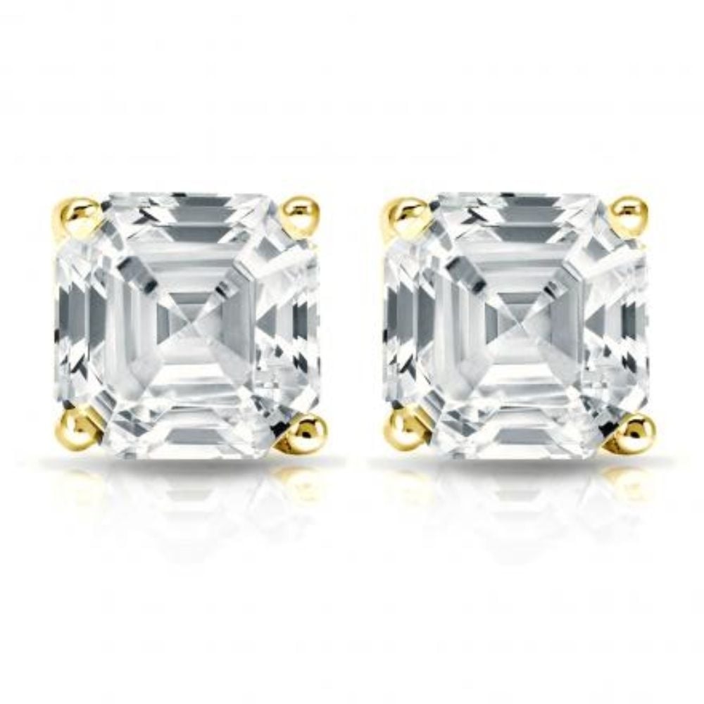 Paris Jewelry 18K Yellow Gold 2Ct Ascher Cut White Sapphire Stud Earrings Image 2