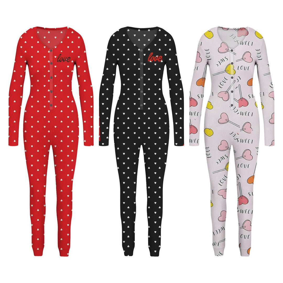 2-Piece Womens Cozy Comfy Printed Snap Buttons Long-Sleeve Sleepwear Romper Image 2