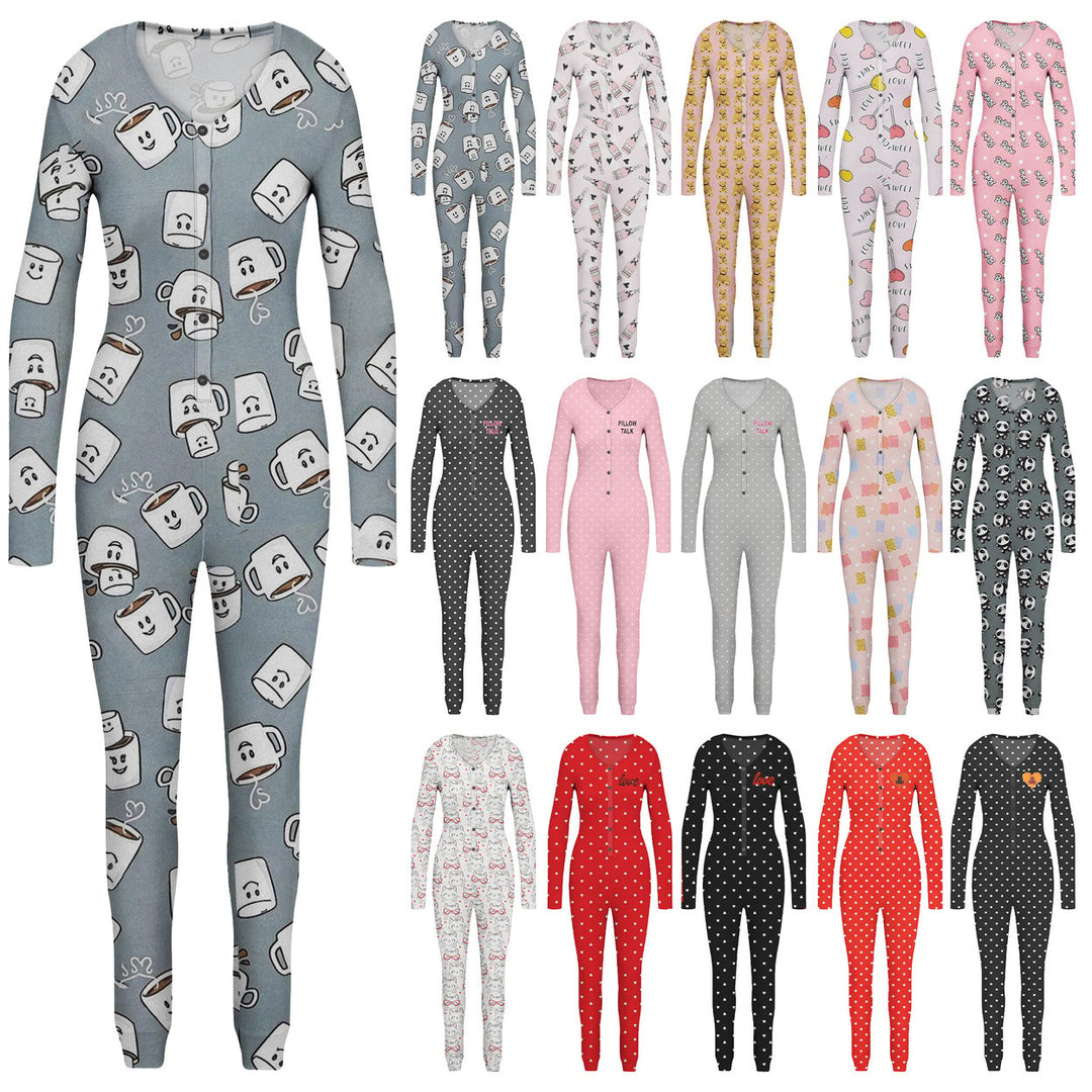 1-Piece Womens Cozy Comfy Printed Snap Buttons Long-Sleeve Sleepwear Romper Image 2