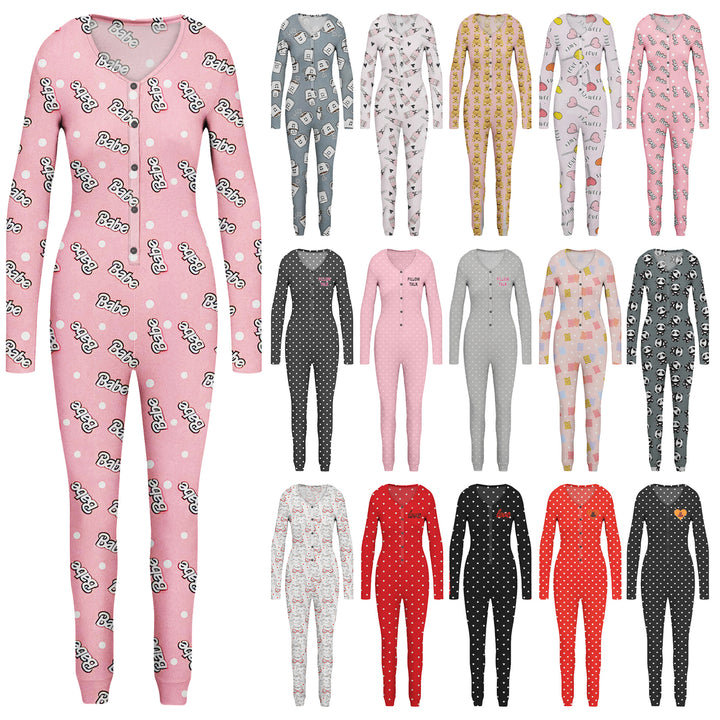 2-Piece Womens Cozy Comfy Printed Snap Buttons Long-Sleeve Sleepwear Romper Image 3