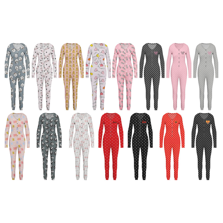 4-Pieces of Randomly Selected Womens Cozy Comfy Printed Snap Buttons Long-Sleeve Sleepwear Romper Image 1