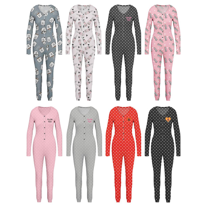 1-Piece Womens Cozy Comfy Printed Snap Buttons Long-Sleeve Sleepwear Romper Image 11