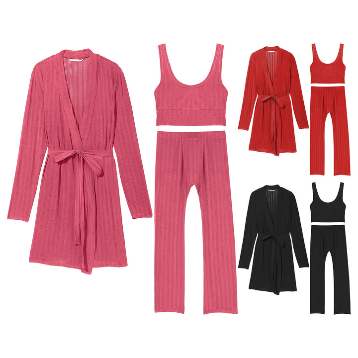 3-Piece Womens Cozy Comfortable Stylish Loungewear Robe Crop Top and Pants Set Image 6