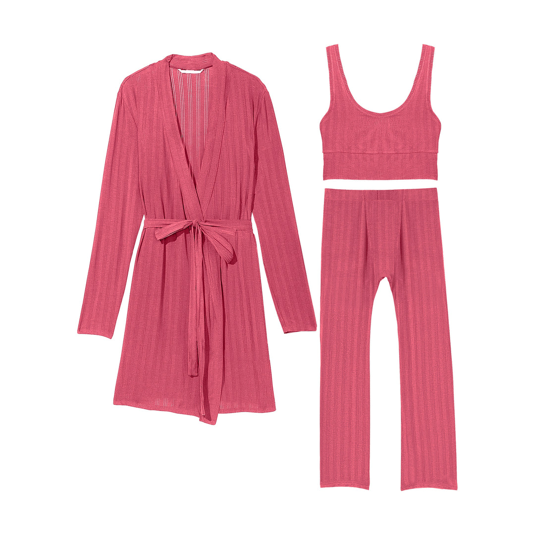 3-Piece Womens Cozy Comfortable Stylish Loungewear Robe Crop Top and Pants Set Image 1