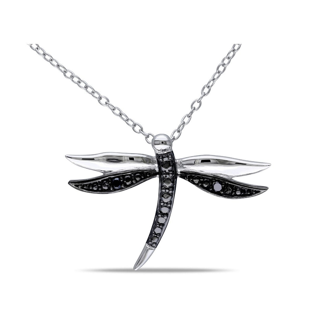 Black Accent Diamond Dragonfly Charm Pendant Necklace in Sterling Silver with Chain Image 1