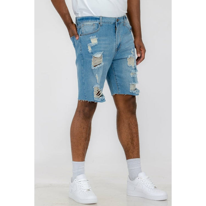 Washed Distressed Denim Shorts Image 1