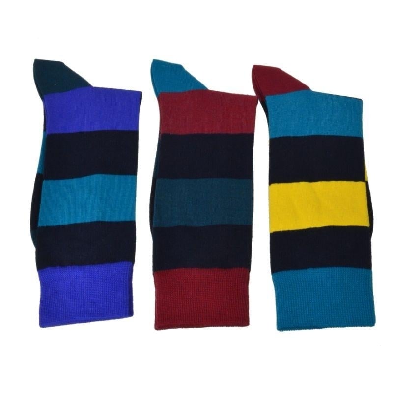 Combed Cotton Colorful Rugby Striped Patterned Mens 3 Pr. Pack Socks Image 1