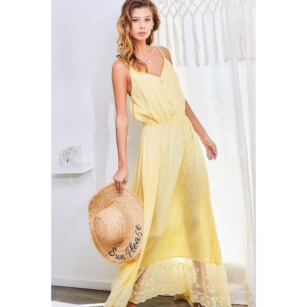 Adjustable Shoulder Strap Button Down Waist Elastic Bottom Contrast Lace Maxi Dress Image 1