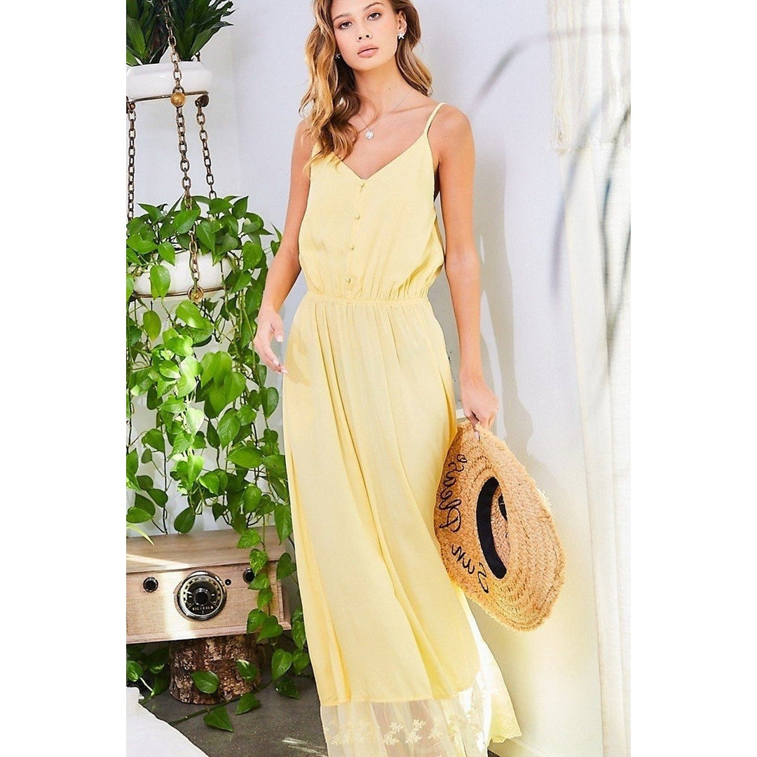 Adjustable Shoulder Strap Button Down Waist Elastic Bottom Contrast Lace Maxi Dress Image 3