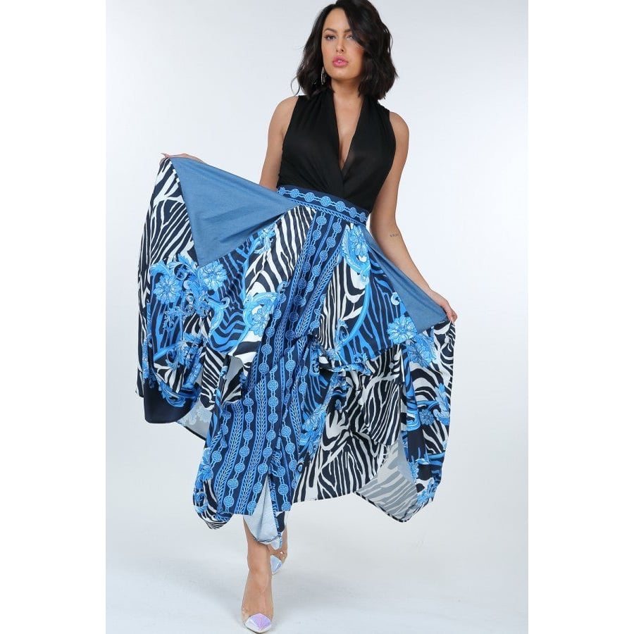 Animal Chain Print Denim Tacked Maxi Skirt In Black Gold Image 1