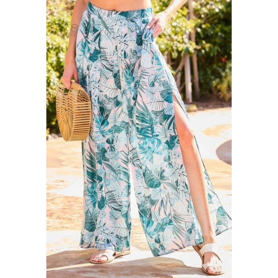 Back Elastic Waist Band Side Pockets Pleat Side Open Slit Tropical Print Pants Image 1