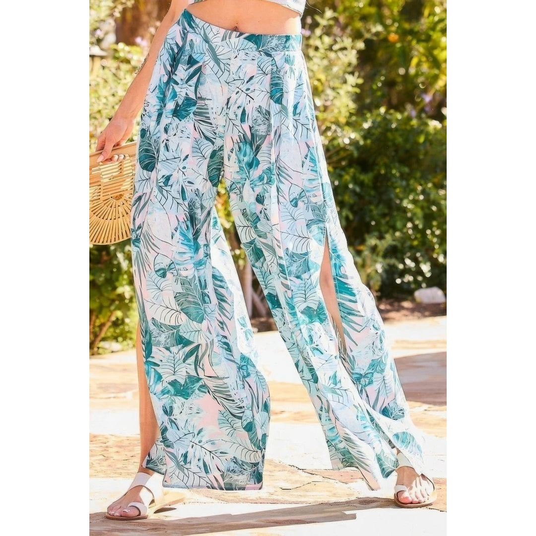 Back Elastic Waist Band Side Pockets Pleat Side Open Slit Tropical Print Pants Image 3