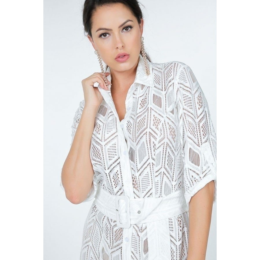 Belted Hi Low Placket Lace Shirt Dress Image 3