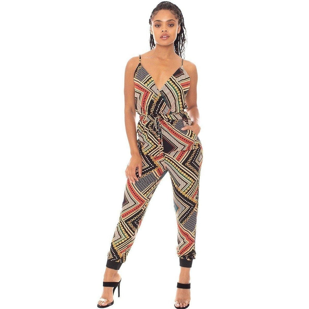 Boarder Print Wrap Drawstring Waist Jumpsuit Image 1