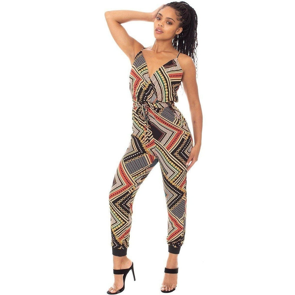 Boarder Print Wrap Drawstring Waist Jumpsuit Image 2