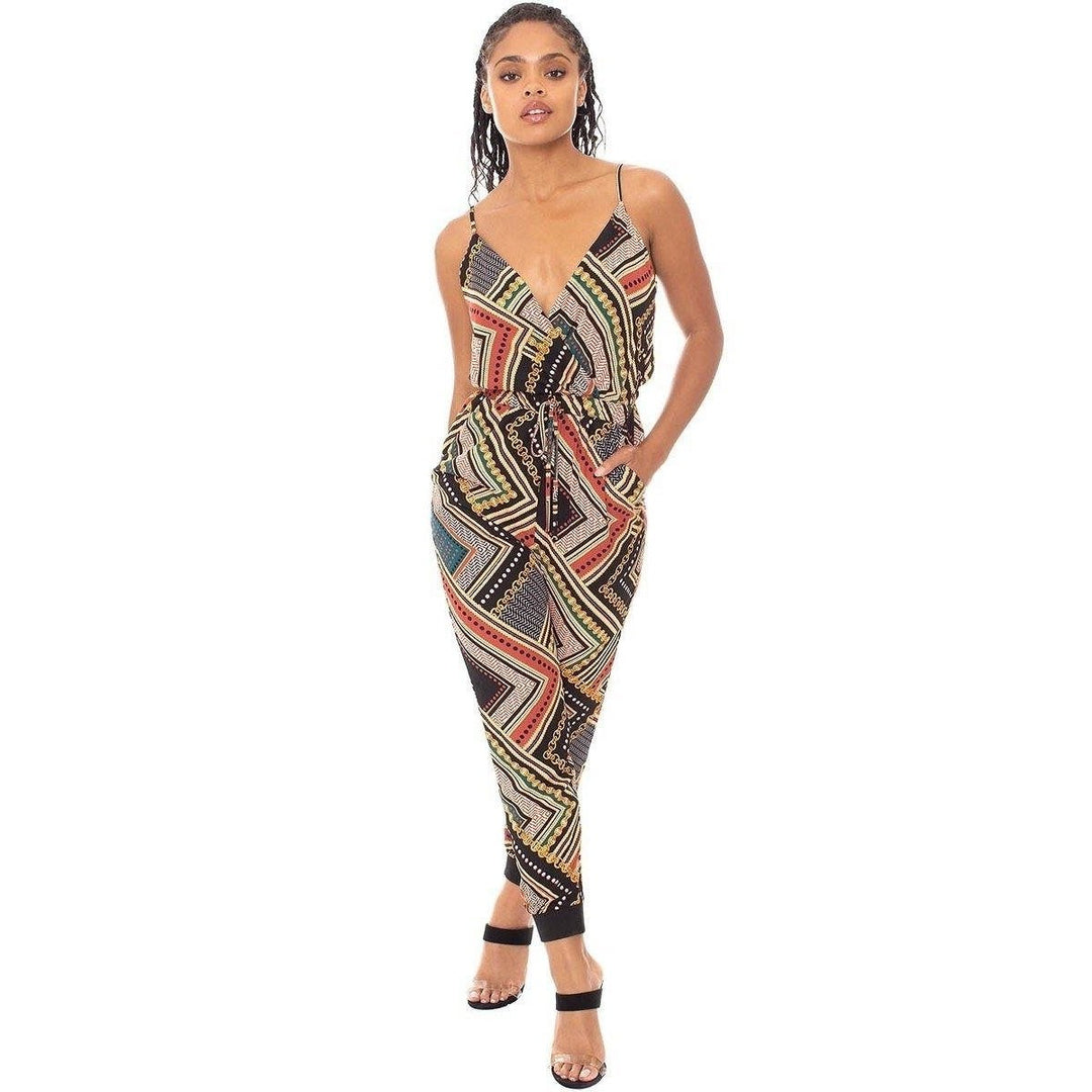 Boarder Print Wrap Drawstring Waist Jumpsuit Image 3