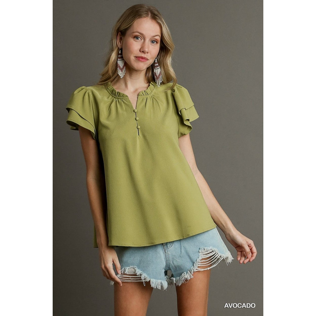 Boxy Cut Faux Button Ruffle Neckline Top With Short Layered Sleeves Image 1