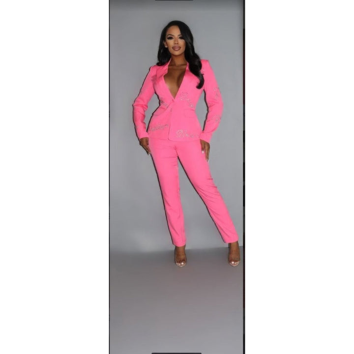 2 Piece Powersuit Blazer and Pants Set With Rhinestone Letterings On Blazer Image 1