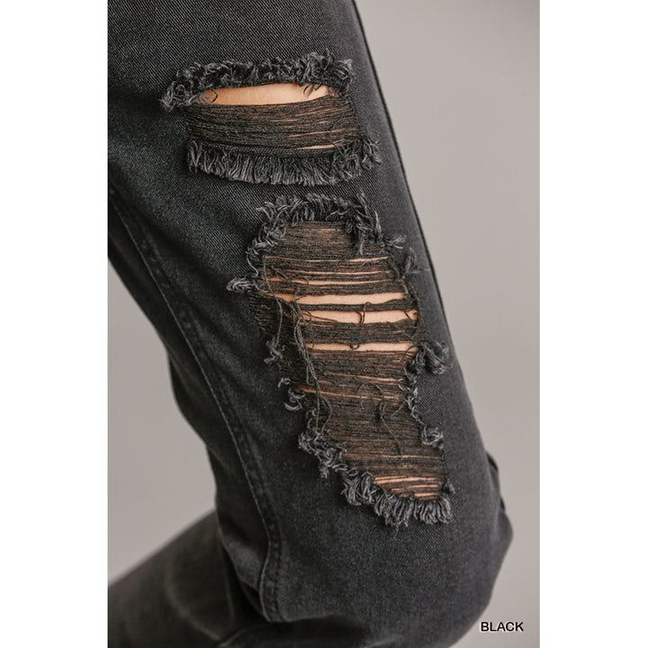 5 Pockets Non-stretch Straight Cut Distressed Denim Jeans With Raw Hem Image 4