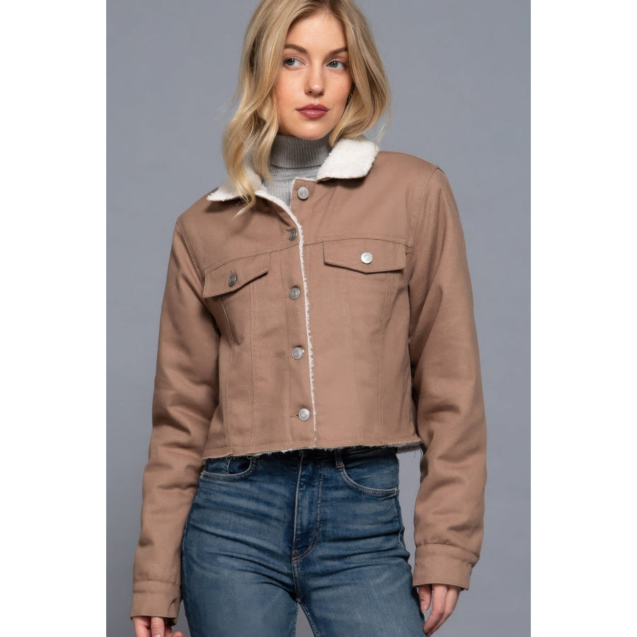 Button Closure Sherpa-lined Twill Jacket Image 1