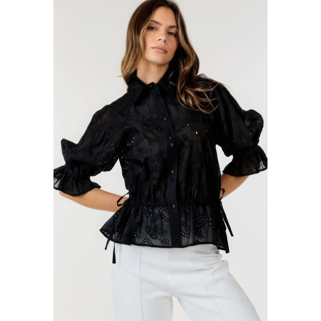 Button-down Collar Neck Embroidered Top Image 1