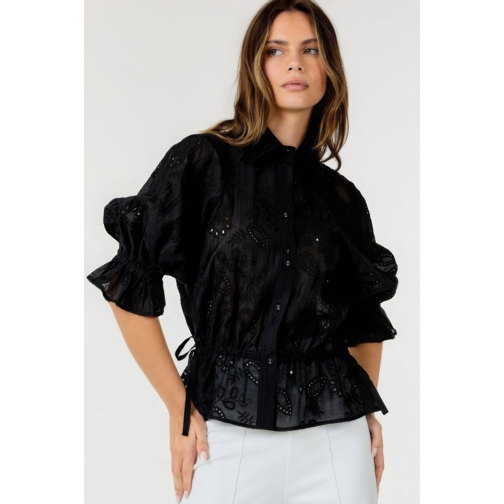 Button-down Collar Neck Embroidered Top Image 2