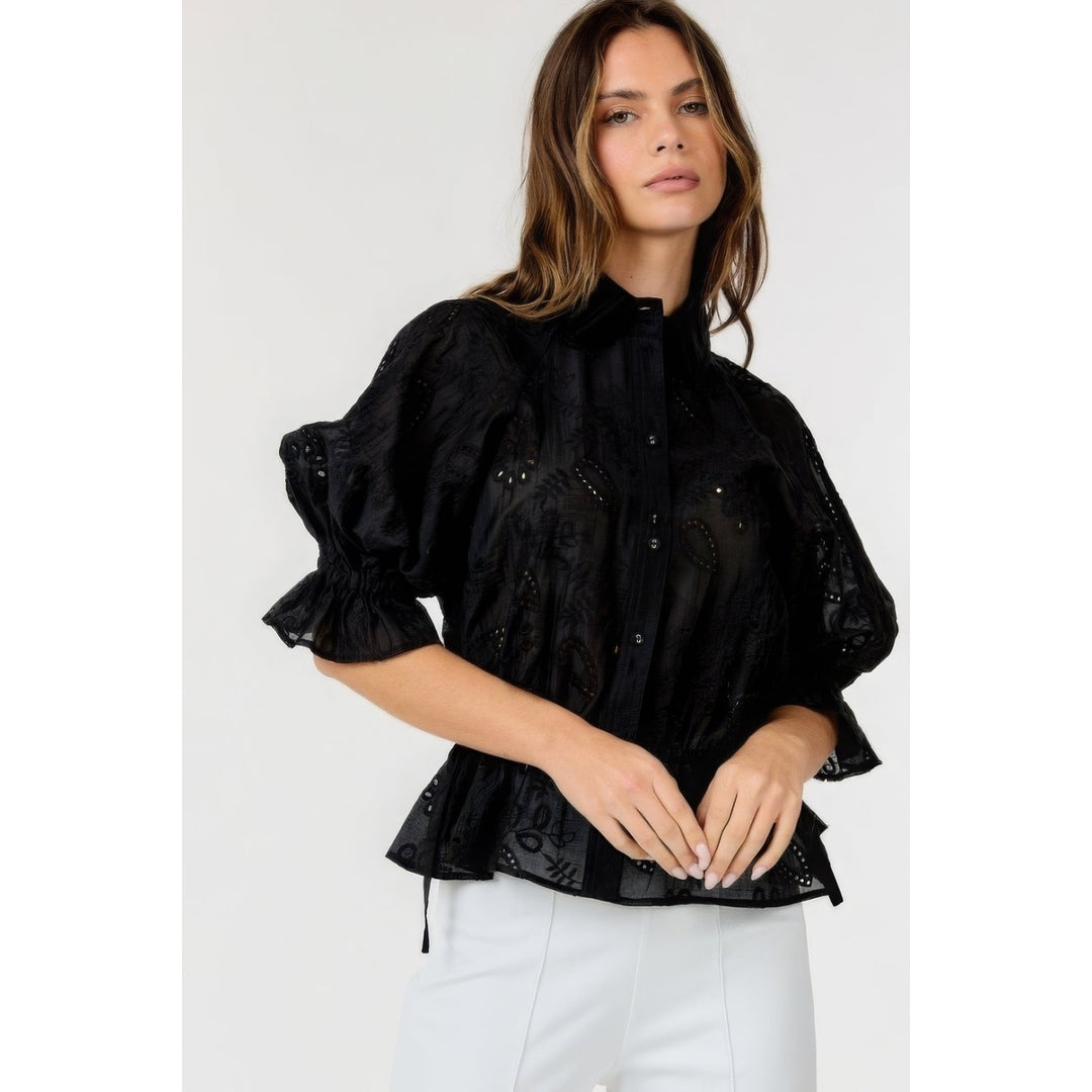 Button-down Collar Neck Embroidered Top Image 3